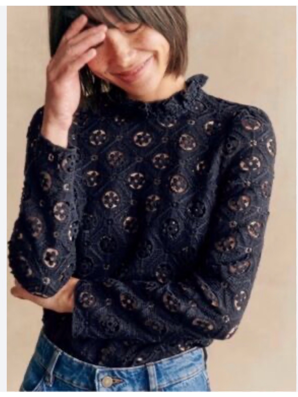 Sezane Florie Blouse Navy Blue Lace High-Neck Long-Sleeve Top Xs